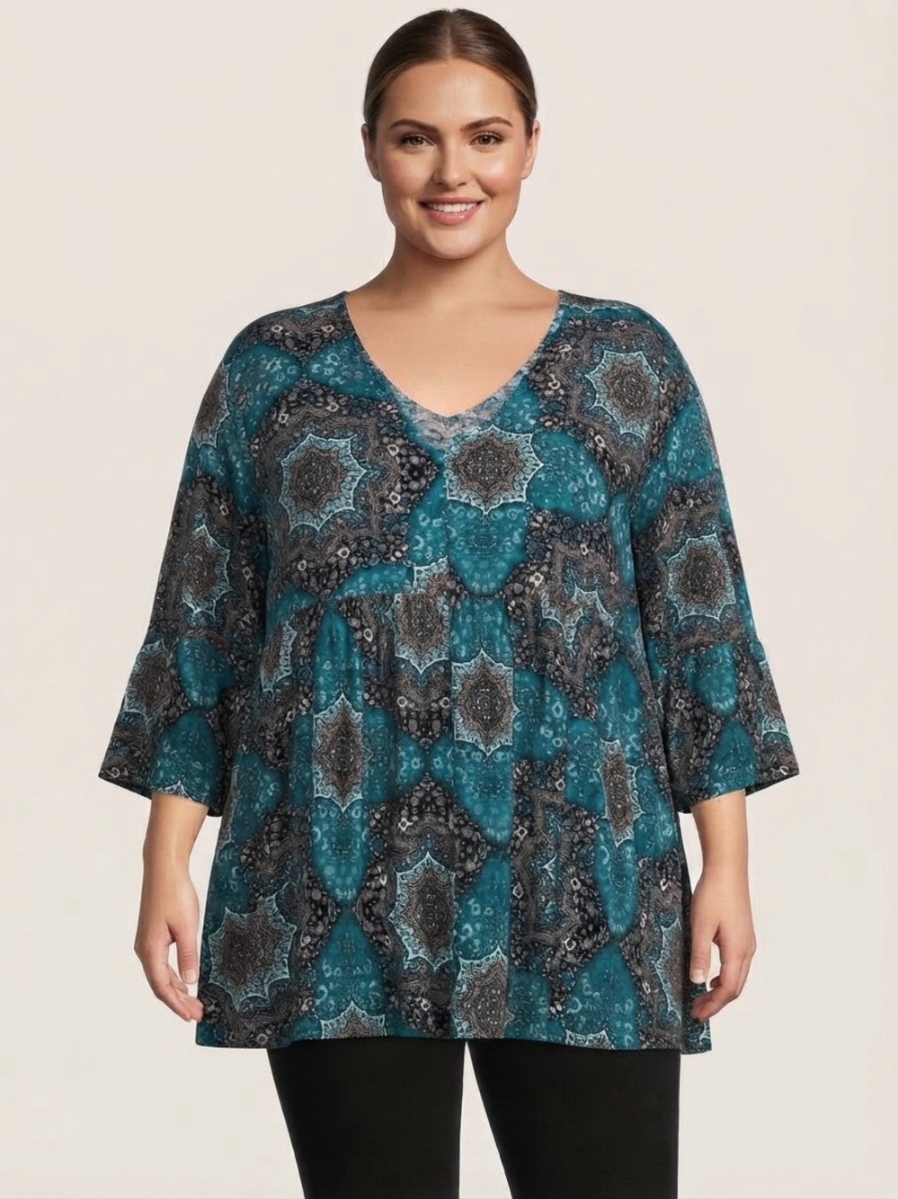 Avenue Plus Size Teal Medallion V‑Neck Tunic 5x